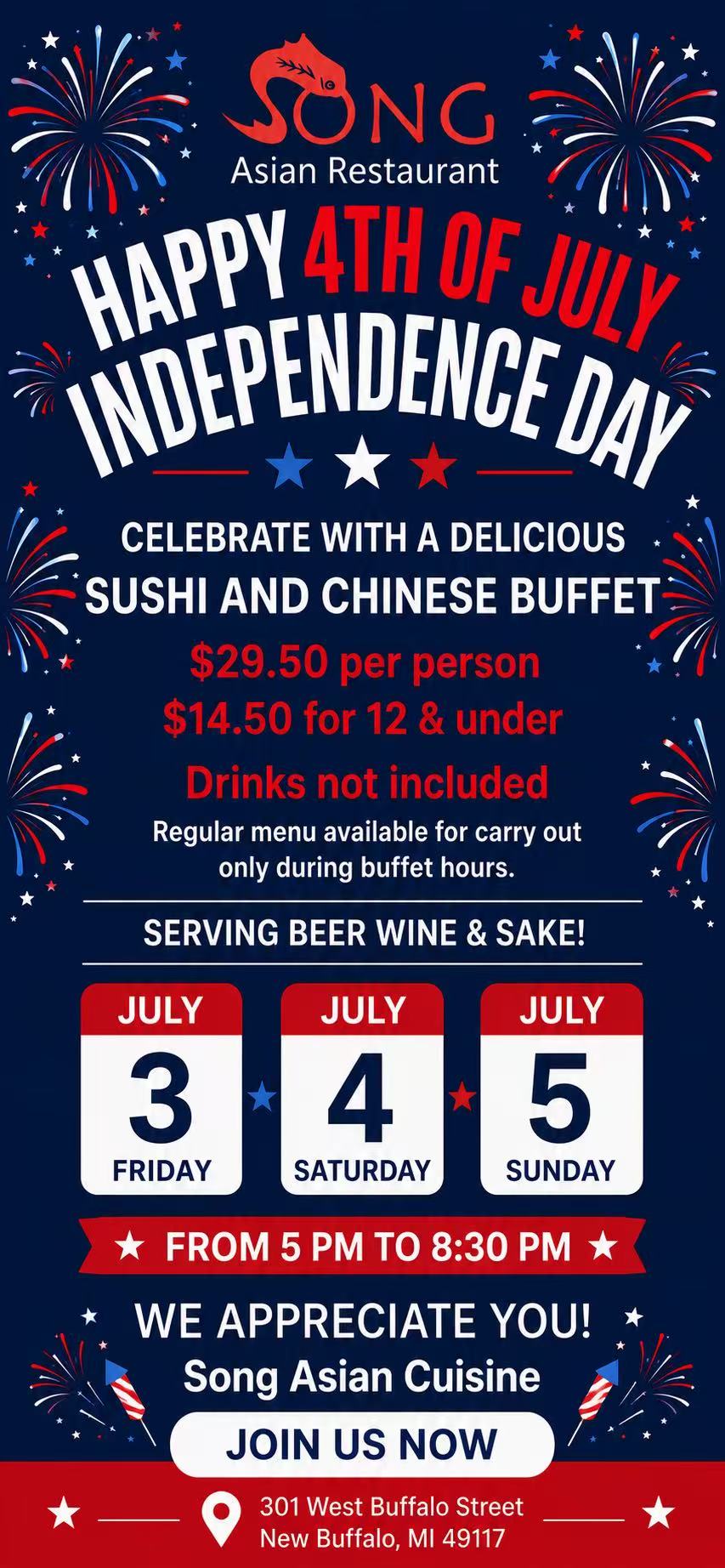 A promotional flyer for Song Asian Restaurant's 4th of July buffet event, featuring red, white, and blue fireworks graphics, pricing details, and event dates July 3-5 from 5 PM to 8:30 PM.