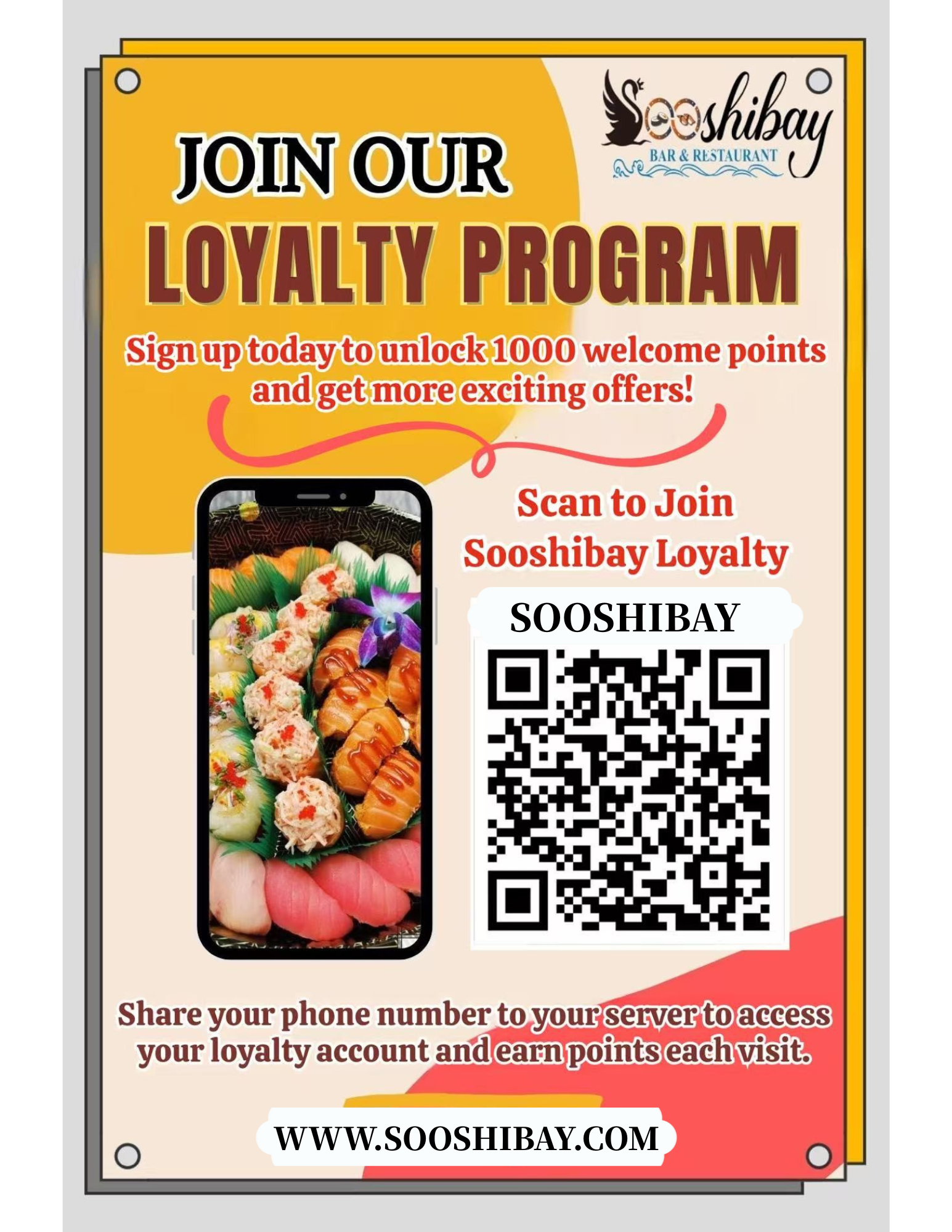 Sooshibay Bar & Restaurant loyalty program promo: 1000 welcome points on sign-up.