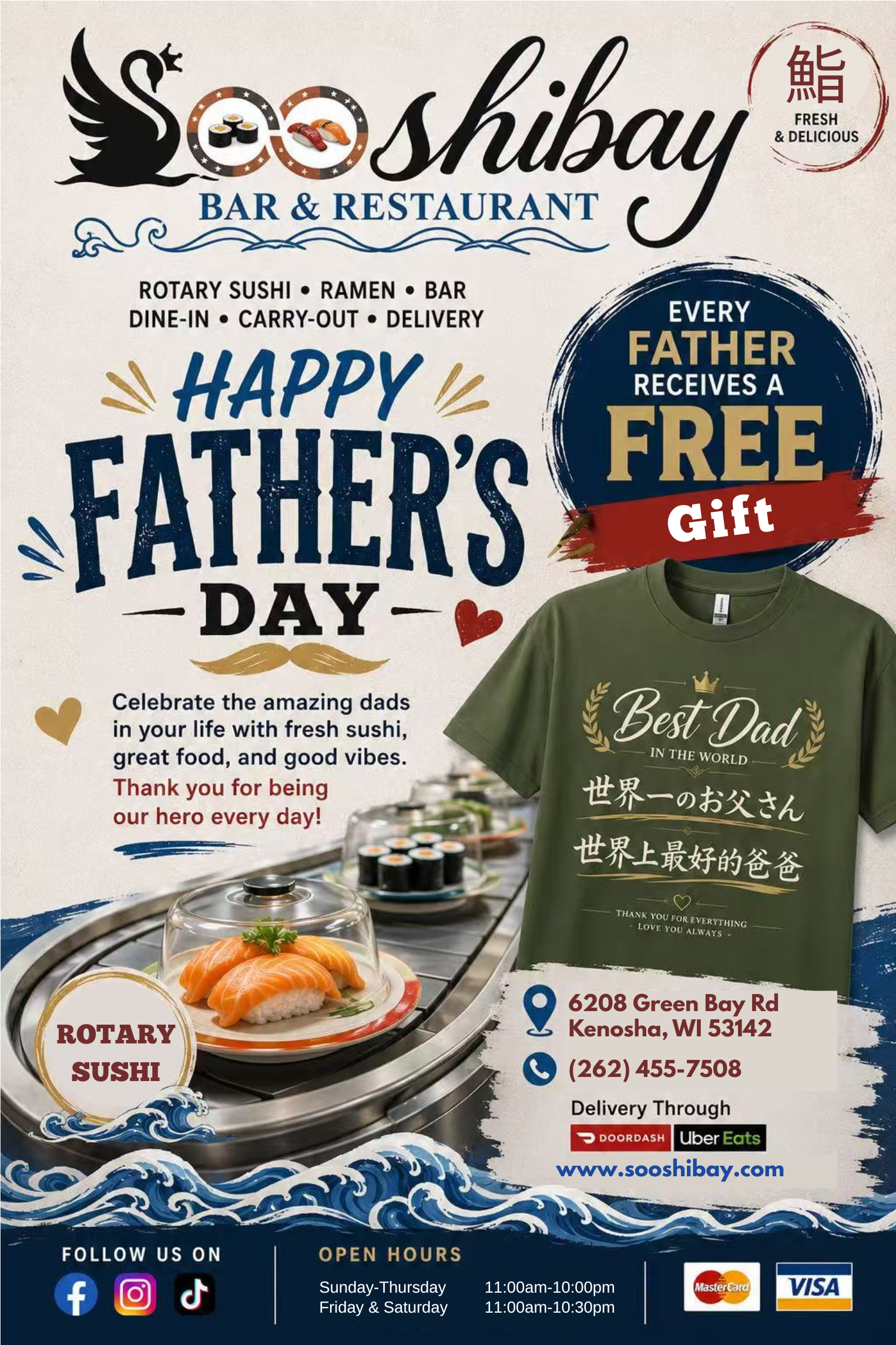 Sooshibay Bar & Restaurant Father’s Day poster: every dad gets free 'Best Dad' tee.