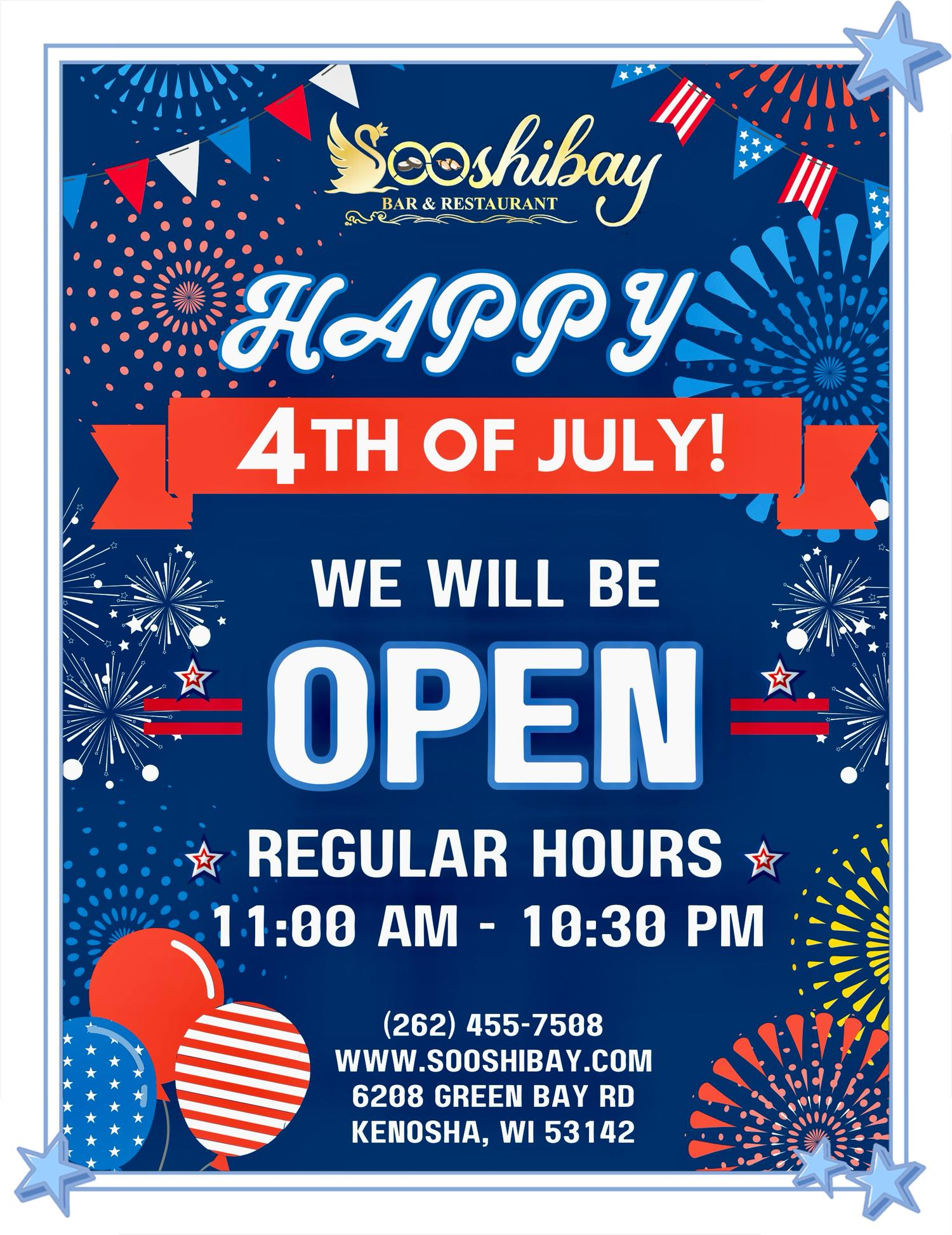 Sooshiday Bar & Restaurant 4th of July poster: open regular hours 11am-10:30pm, fireworks and patriotic decorations, contact info below.