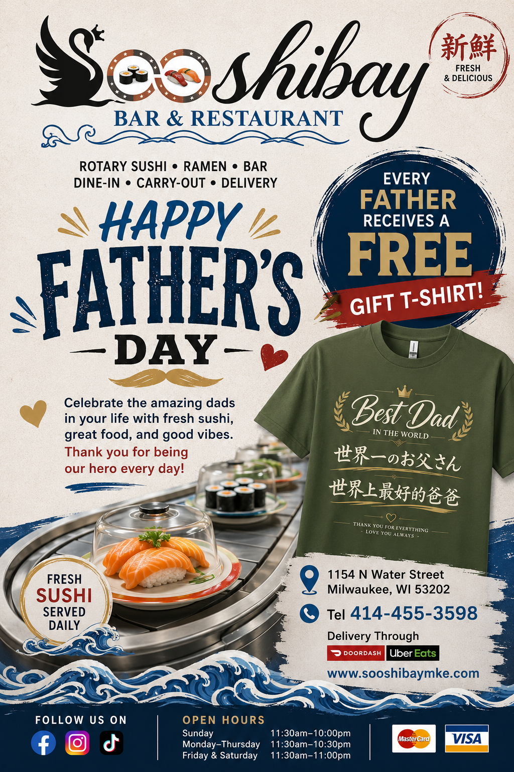 Sooshibay Bar & Restaurant Father’s Day poster: every dad gets free 'Best Dad' tee.