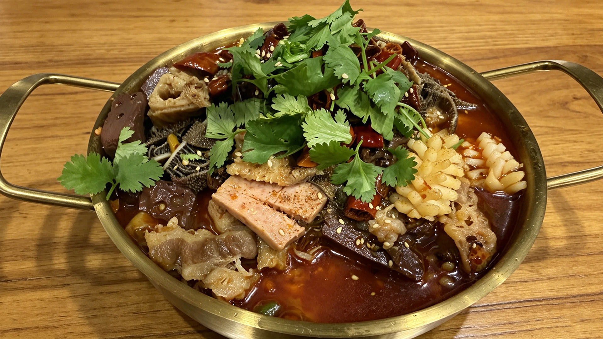 Spicy Sichuan maoxuewang hot pot in a brass pot at Spice House, a Chinese Restaurant in Plano