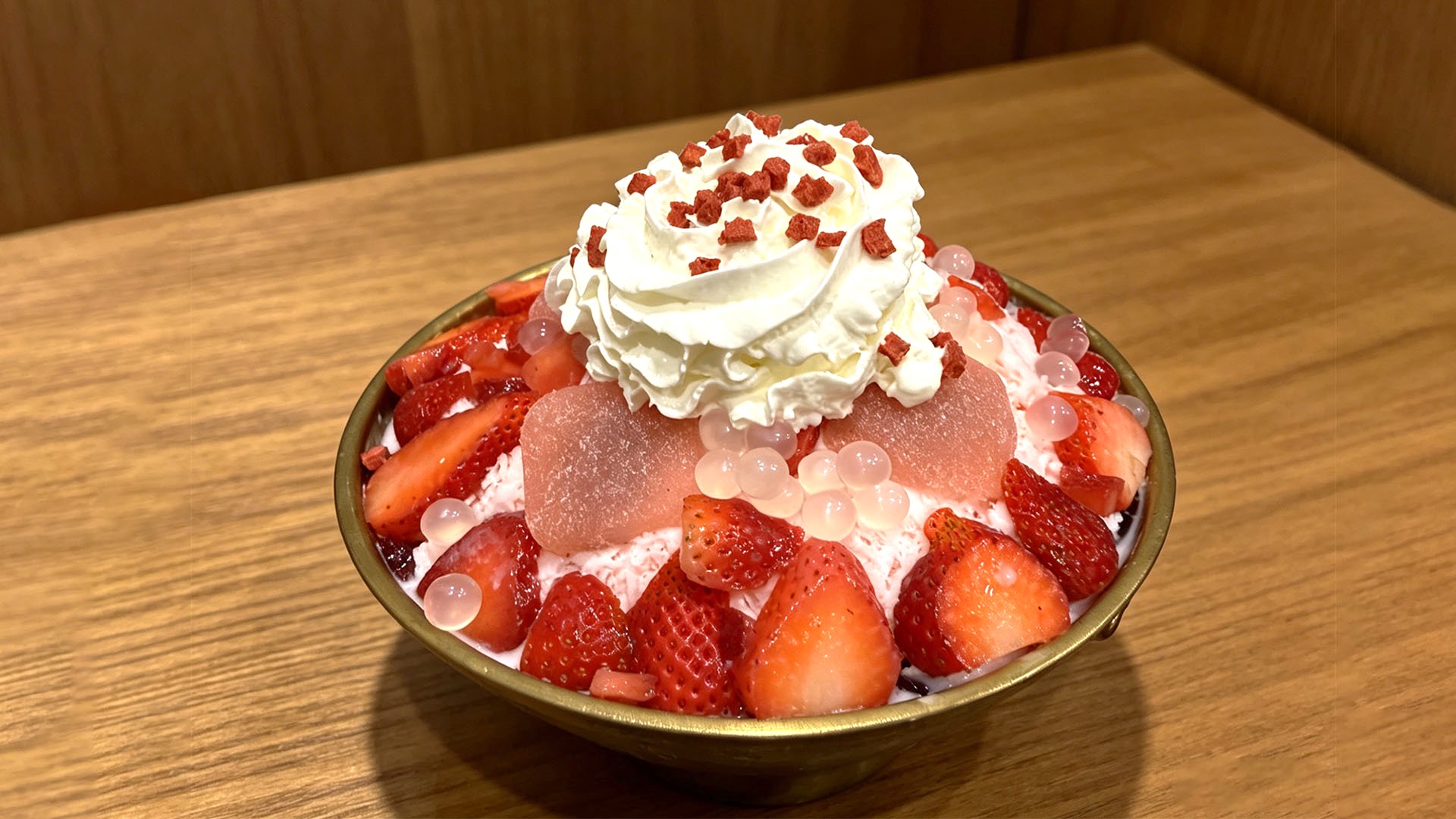 Strawberry shaved ice with whipped cream and popping boba at Spice House, a Chinese Restaurant in Plano