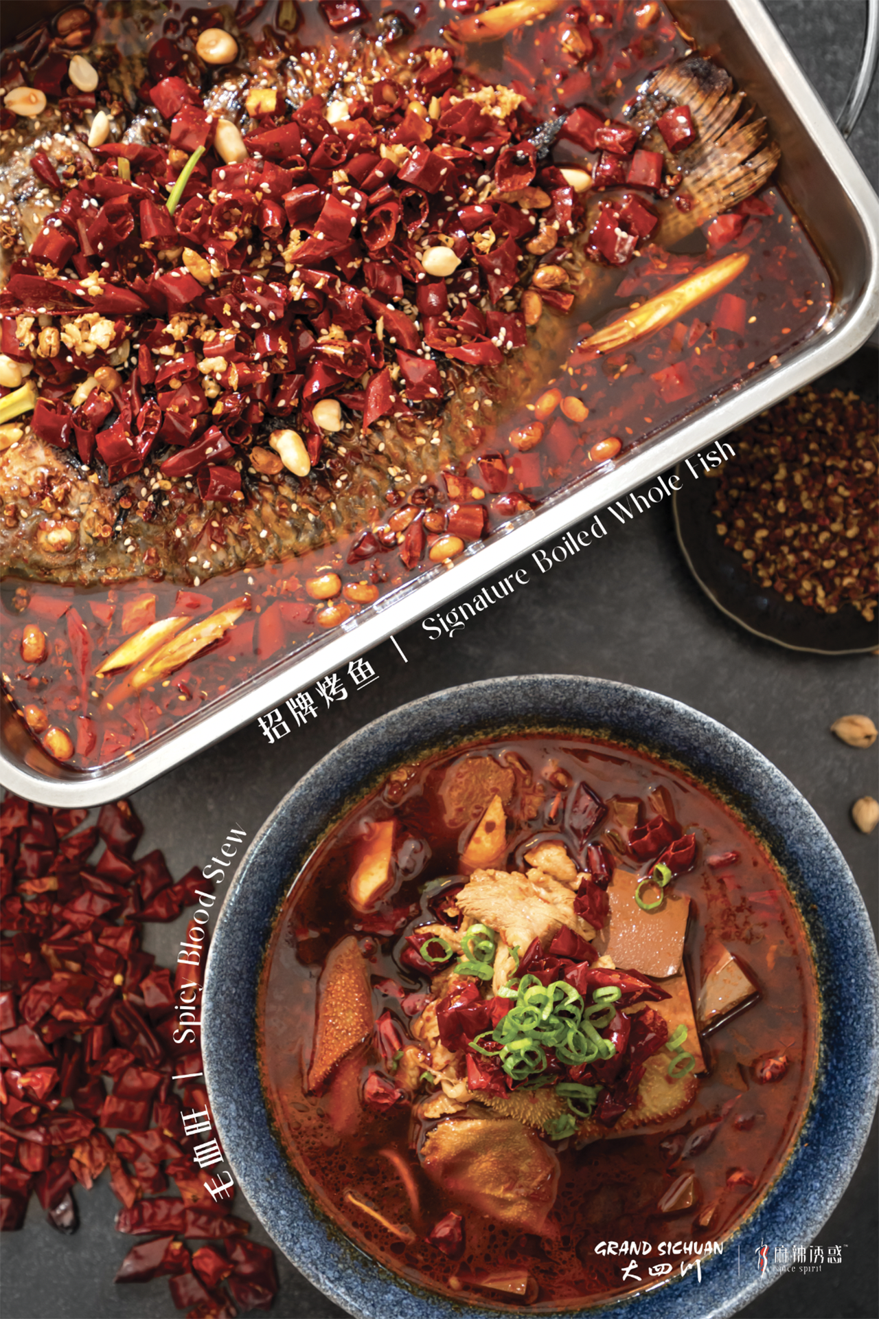 Spicy Sichuan boiled fish and blood curdling duck blood stew at Spice Spirit JC, a Chinese Restaurant in Jersey City