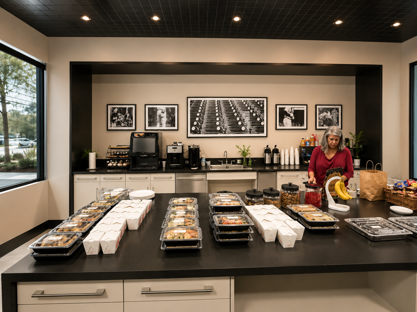 Catering meals arranged in a modern kitchen at Spicy Girl, a Sichuan Restaurant in Houston