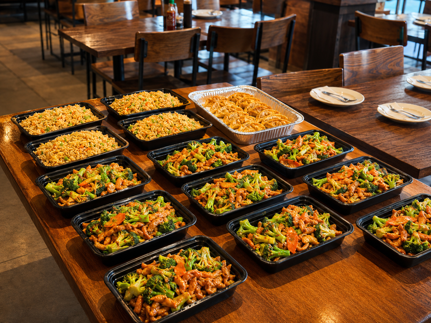 Prepared Chinese meals arranged on a dining table at Spicy Girl, a Sichuan Restaurant in Houston