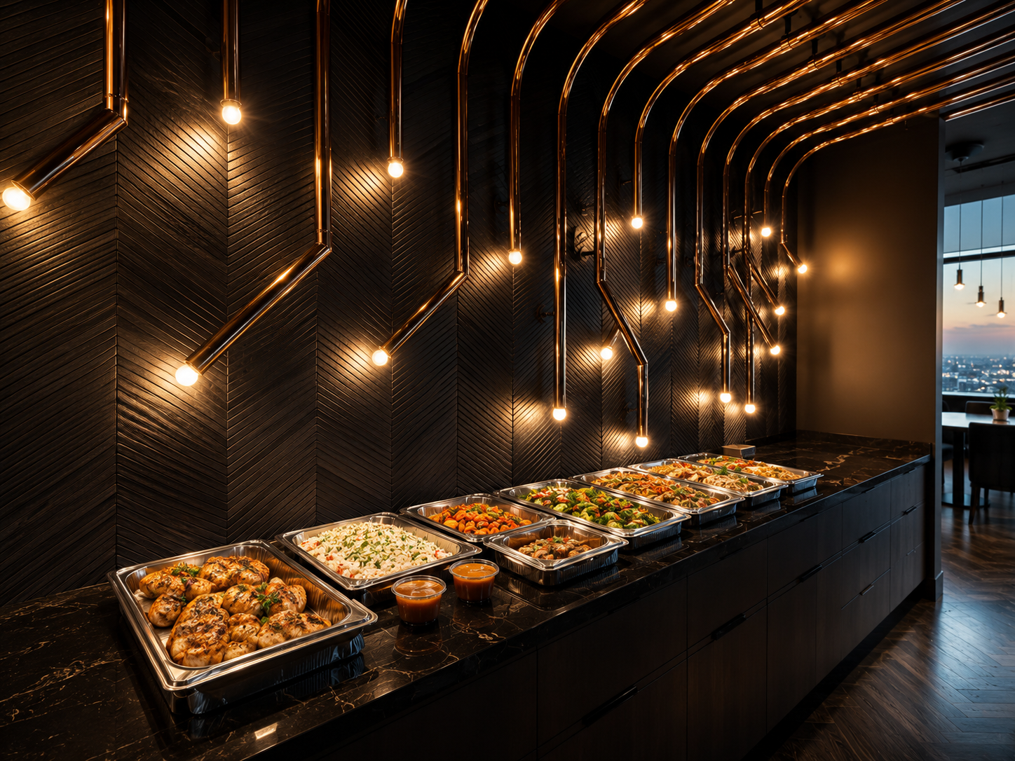 Chinese catering buffet beneath warm pendant lights at Spicy Girl, a Sichuan Restaurant in Houston