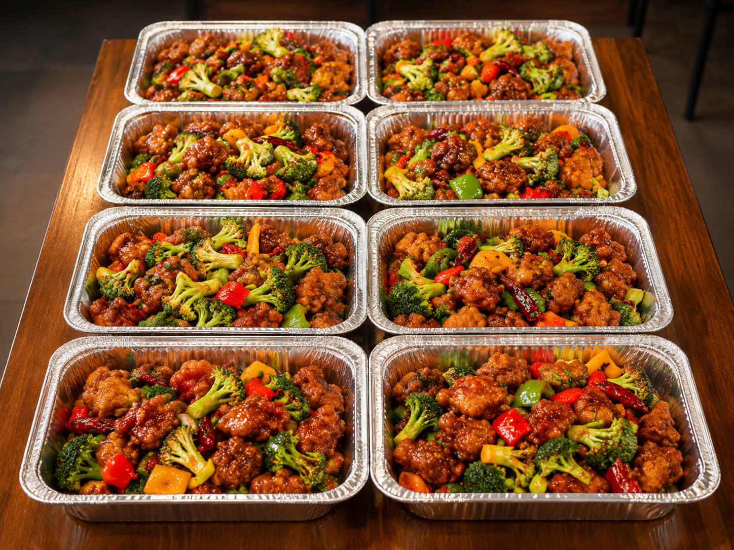 Catering trays of spicy chicken and broccoli at Spicy Girl, a Sichuan Restaurant in Houston