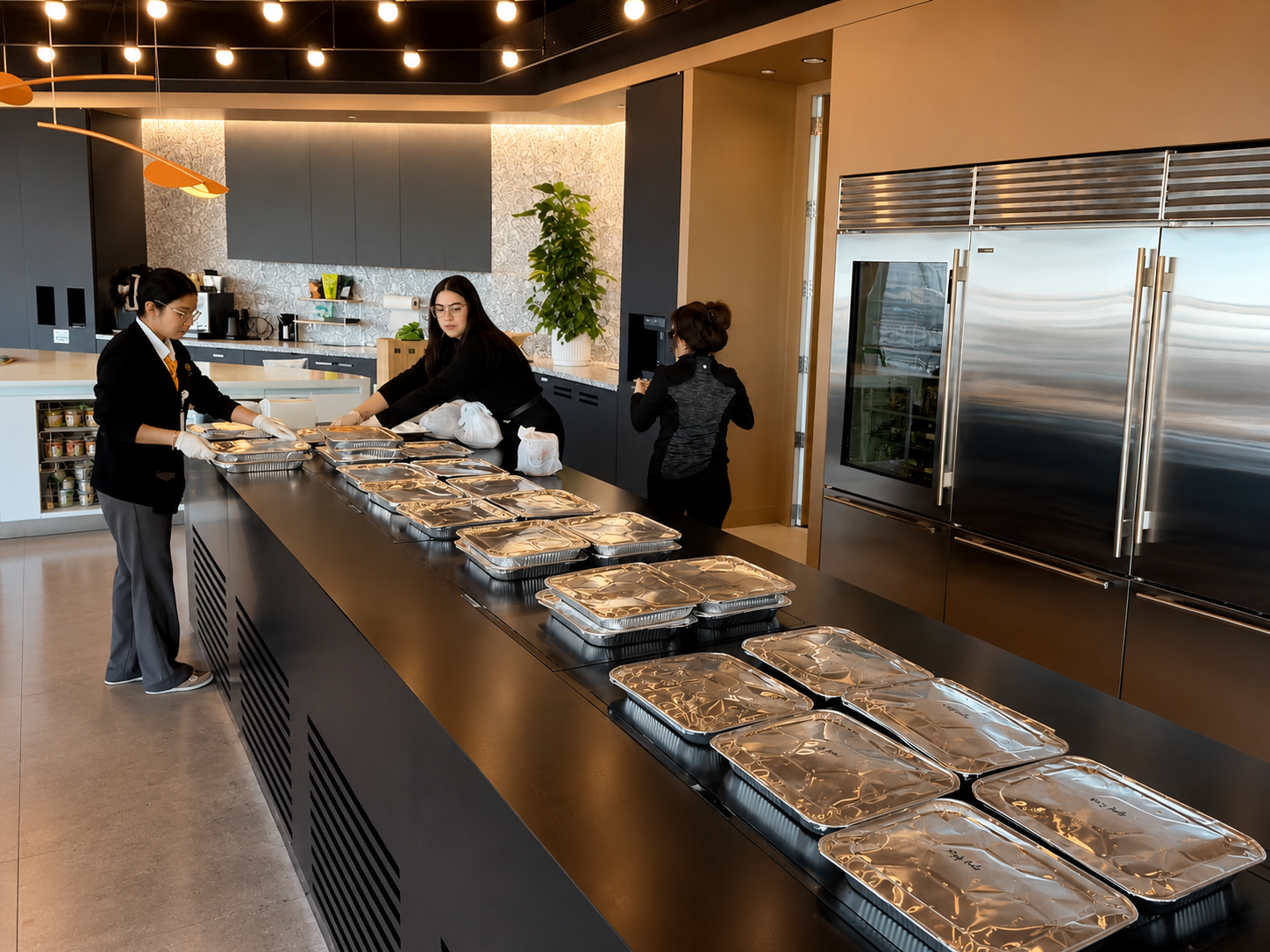 Catering staff packing meals in a modern kitchen at Spicy Girl, a Sichuan Restaurant in Houston