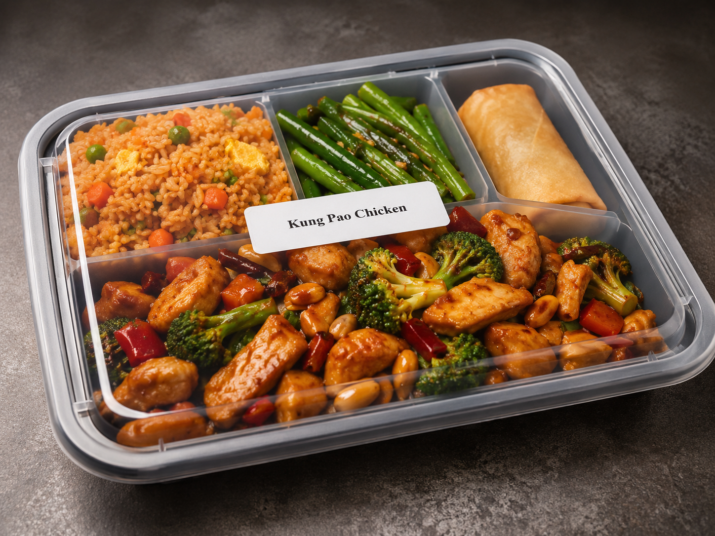 Kung pao chicken meal with rice and green beans at Spicy Girl, a Sichuan Restaurant in Houston