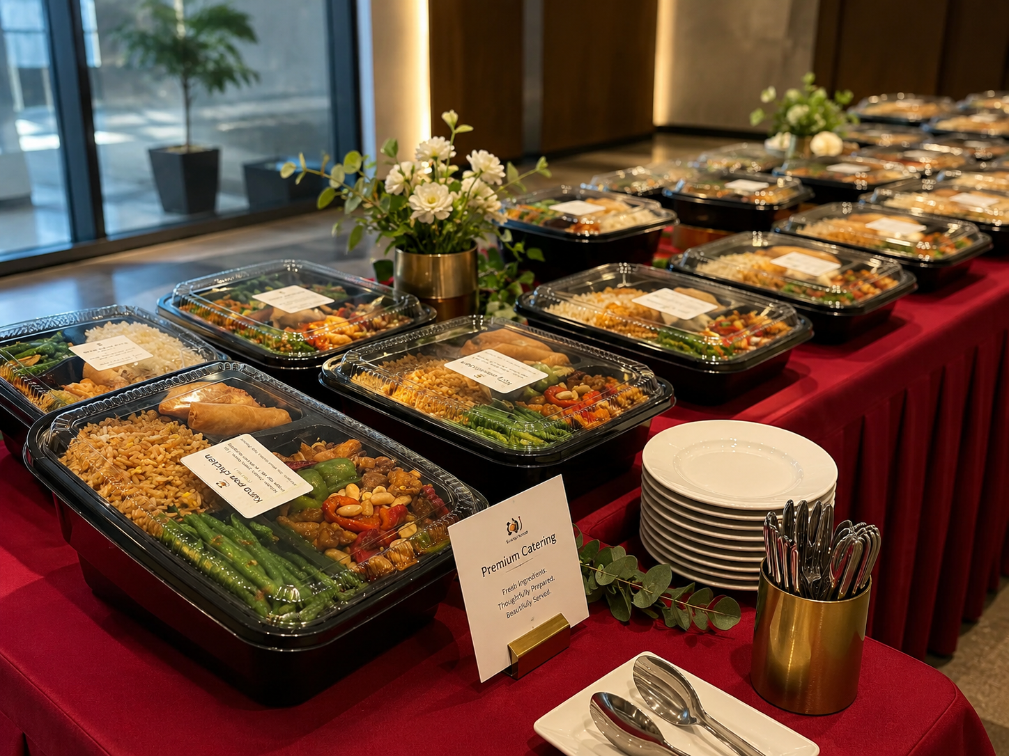 Premium catering meals displayed on red linens at Spicy Girl, a Sichuan Restaurant in Houston