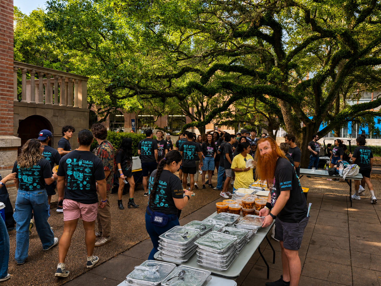 Outdoor catering event under large oak trees at Spicy Girl, a Sichuan Restaurant in Houston