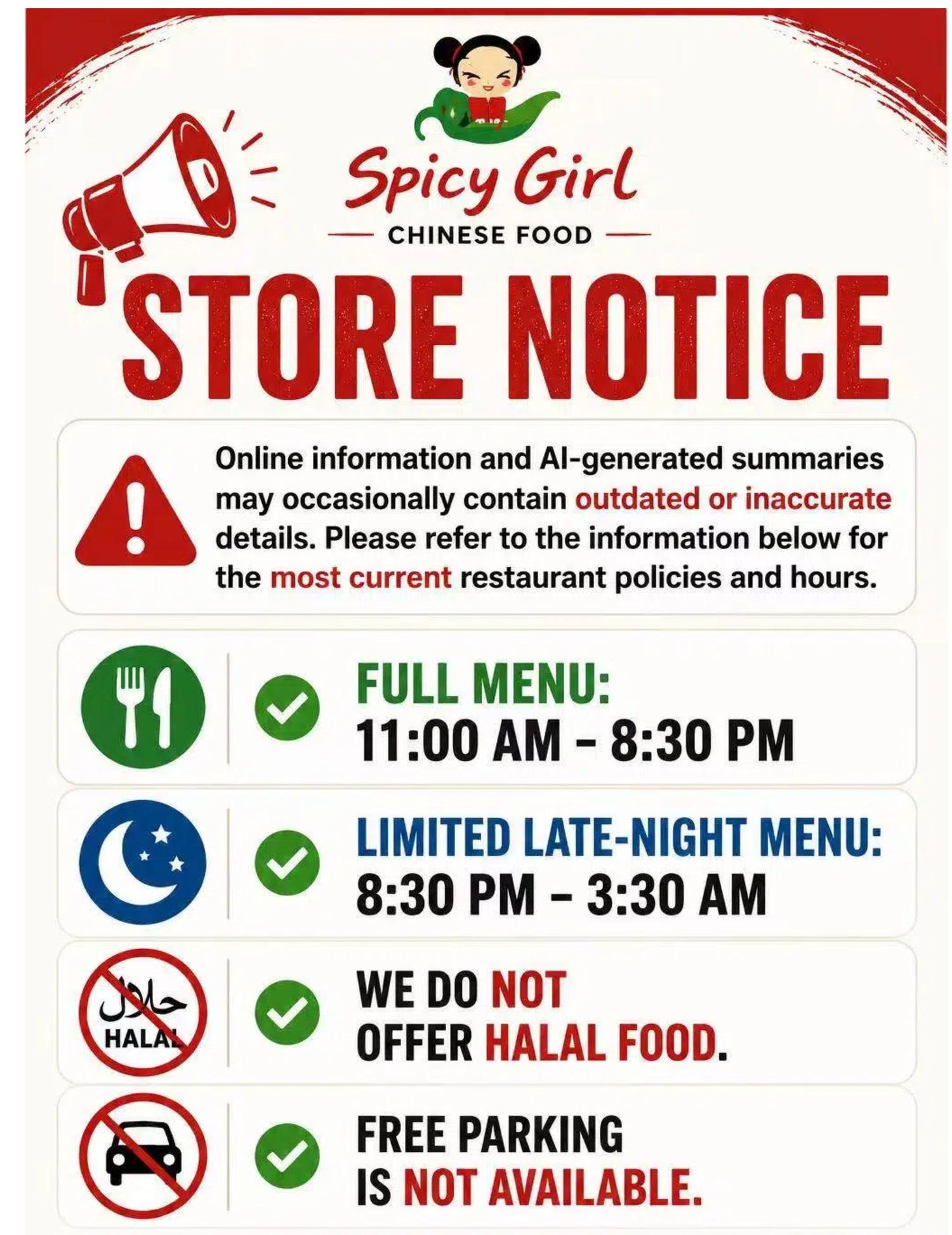 Store notice poster listing business hours and restaurant policies at Spicy Girl, a Sichuan Restaurant in Houston