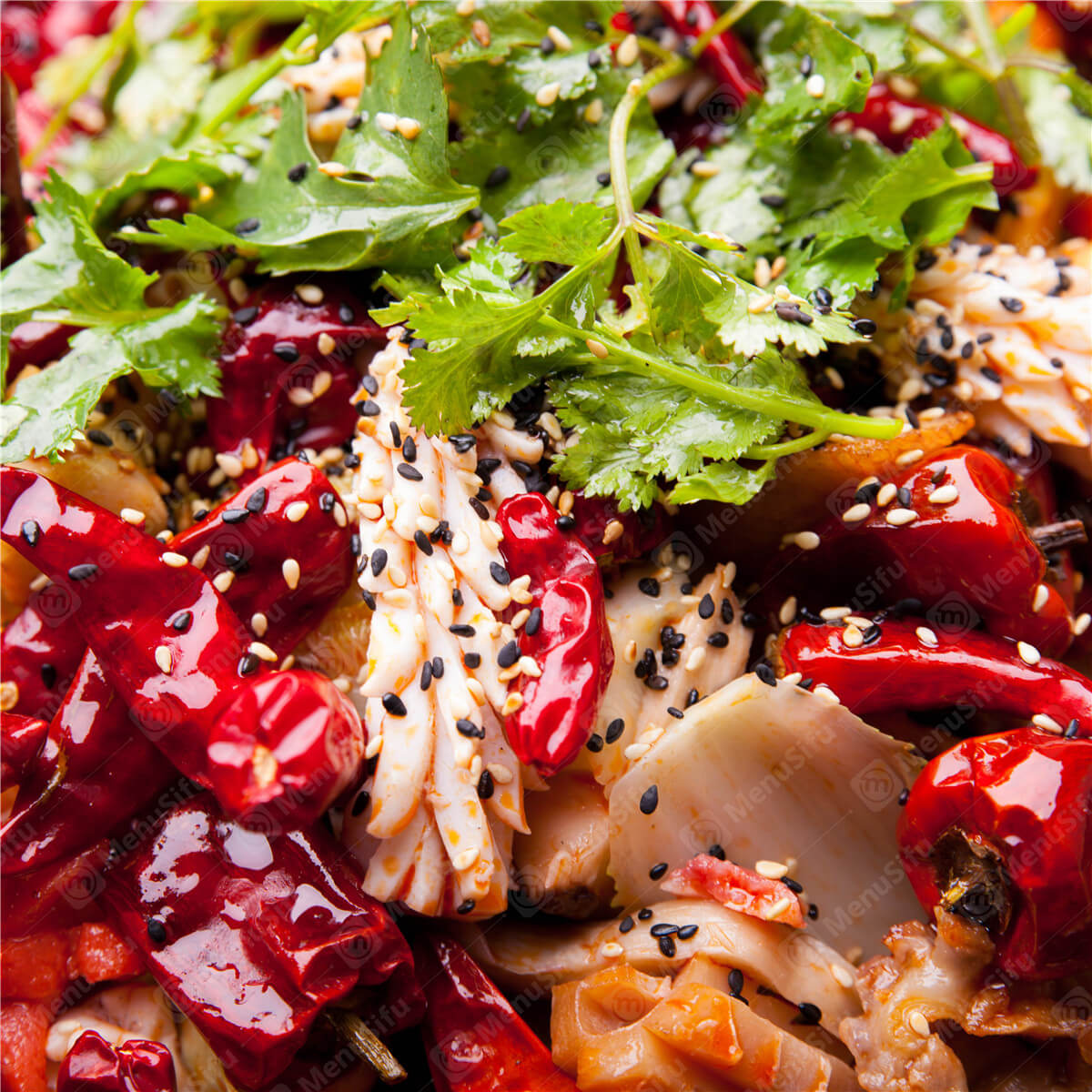 Assorted ingredients stir - fried in a spicy sauce, topped with cilantro and sesame at Spicy Hunan 湘菜小厨, a Chinese restaurant in Houston