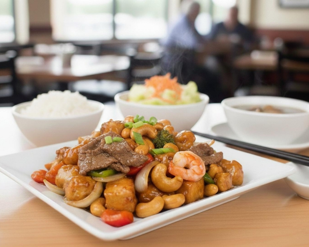 Cashew nut stir-fry with chicken, beef, shrimp and veggies at Stix By AZN, a Asian Restaurant in Peachtree City.