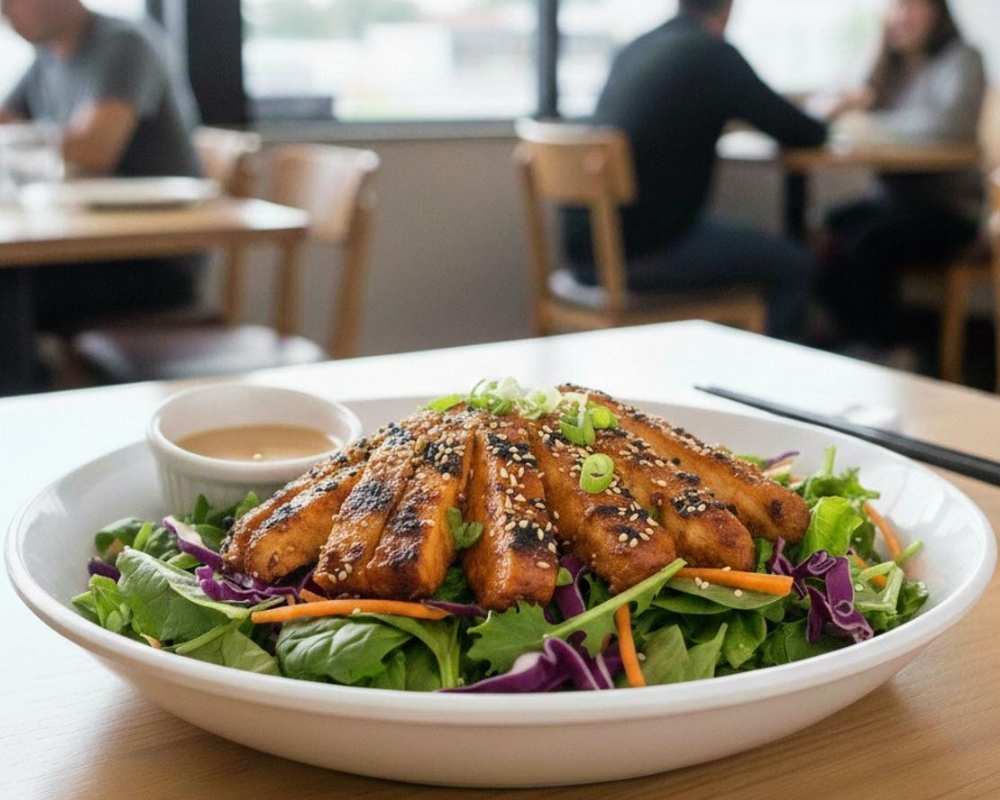 Grilled chicken strips over fresh salad greens with sesame seeds at Stix By AZN, a Asian Restaurant in Peachtree City.