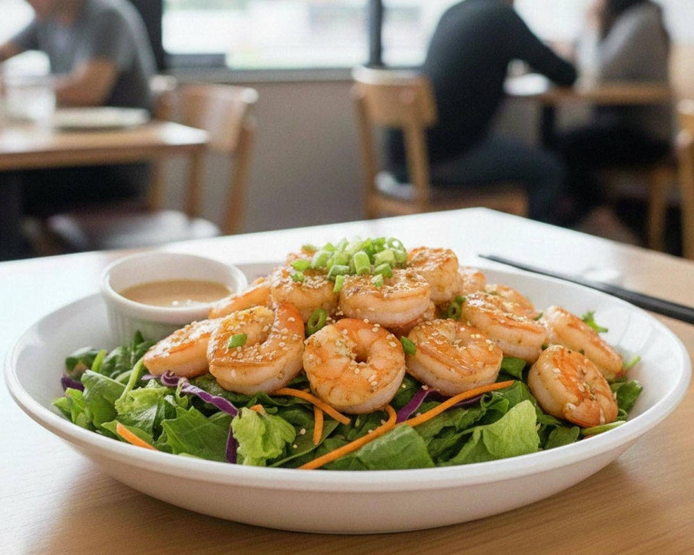 Grilled shrimp over fresh greens with sesame seeds at Stix By AZN, a Asian Restaurant in Peachtree City.