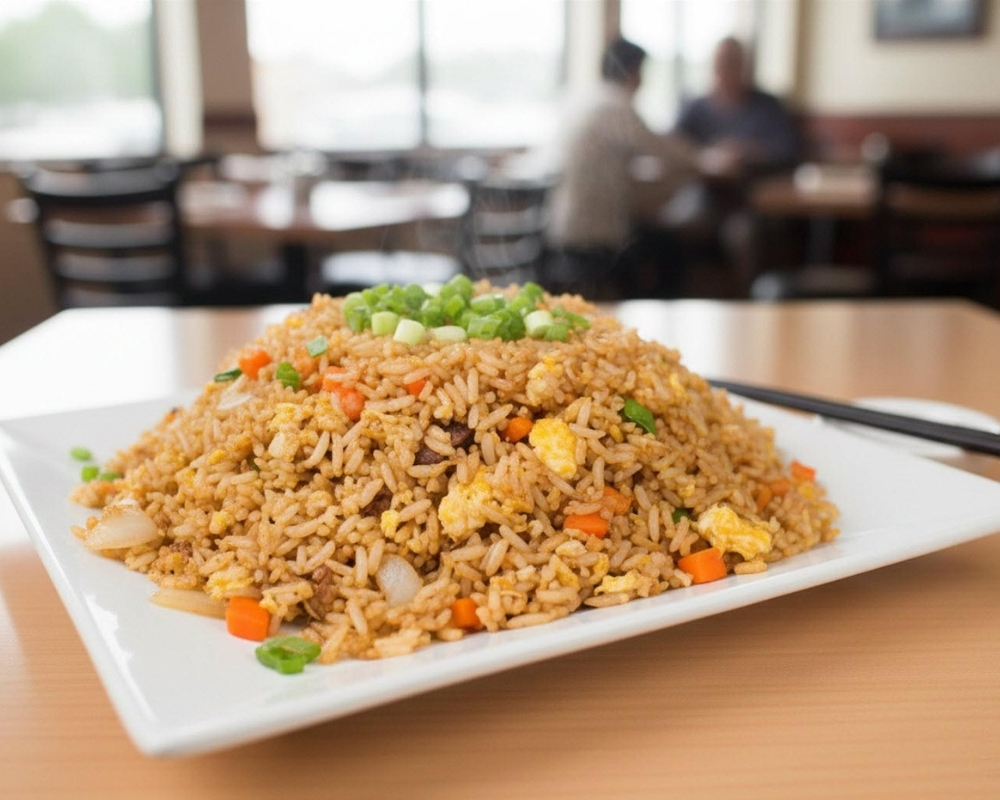 Savory fried rice with egg, carrots, and scallions at Stix By AZN, a Asian Restaurant in Peachtree City.
