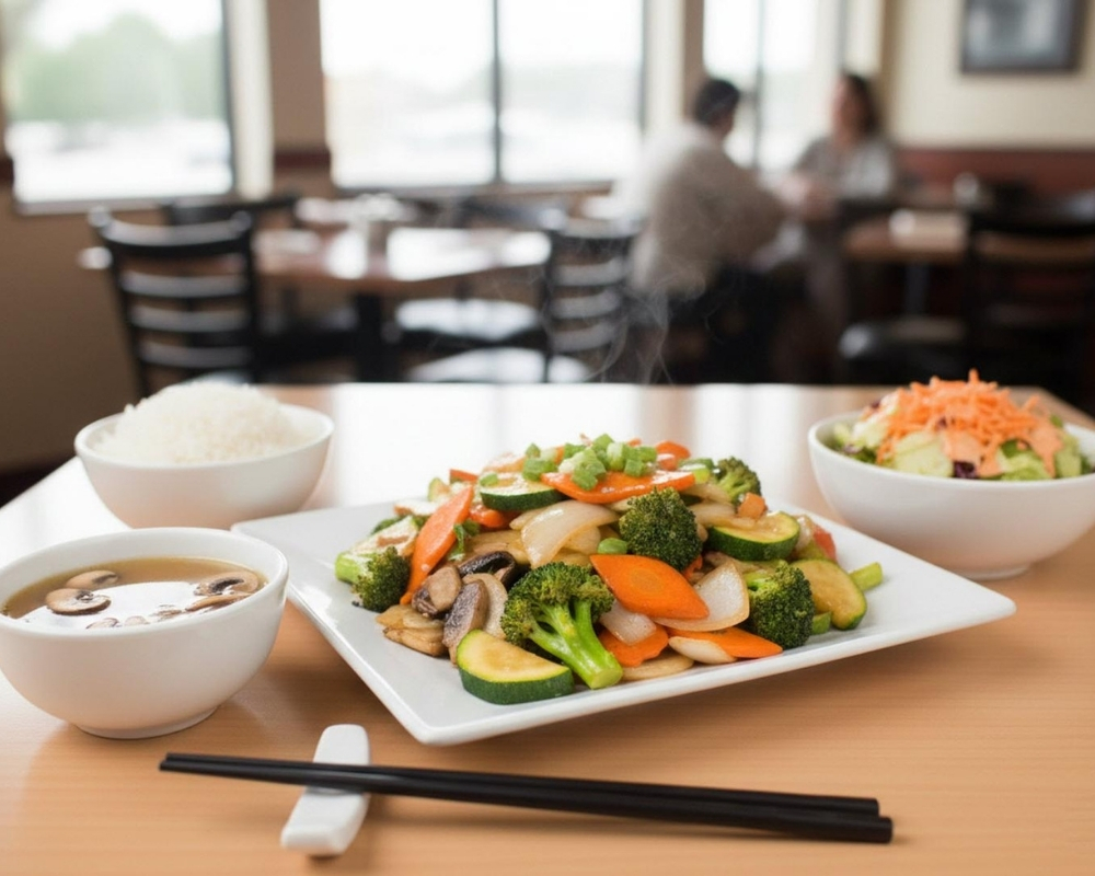 Steamed veggie stir-fry with rice, soup and side salad at Stix By AZN, a Asian Restaurant in Peachtree City.