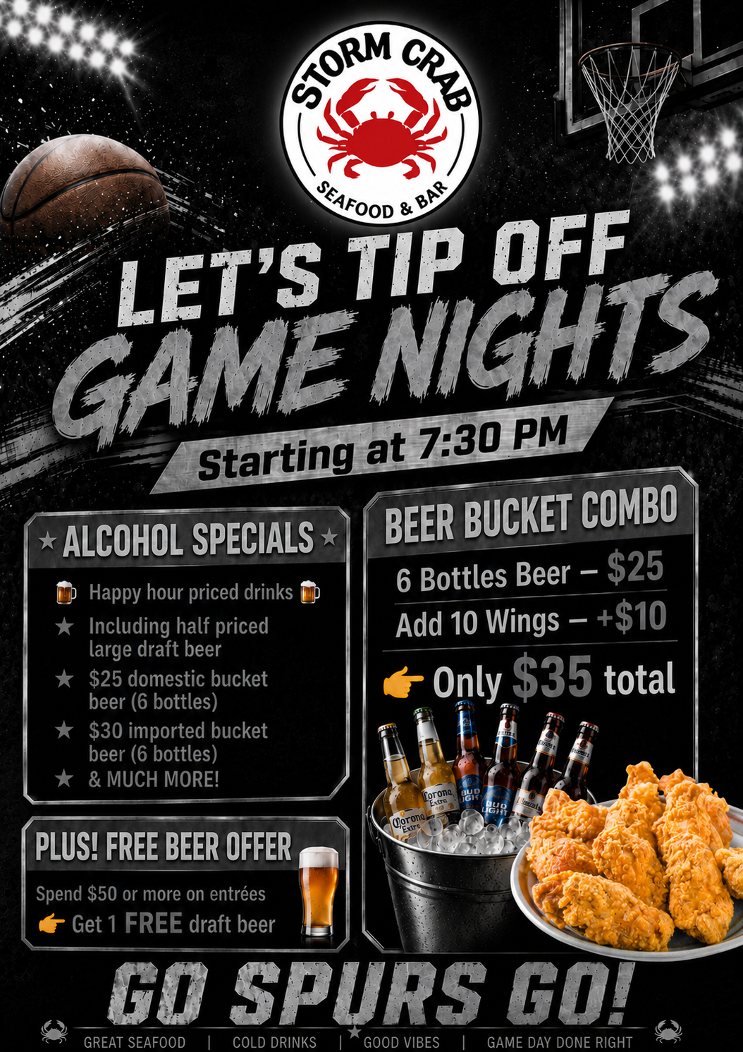 Alt Text 
Storm Crab game night poster: drink specials, $25 beer buckets, $35 beer + wings combo, free beer with $50+ entree spend, starting 7:30PM.

Title Text 
Storm Crab game night deals: drink specials, beer buckets, and beer + wings combos.