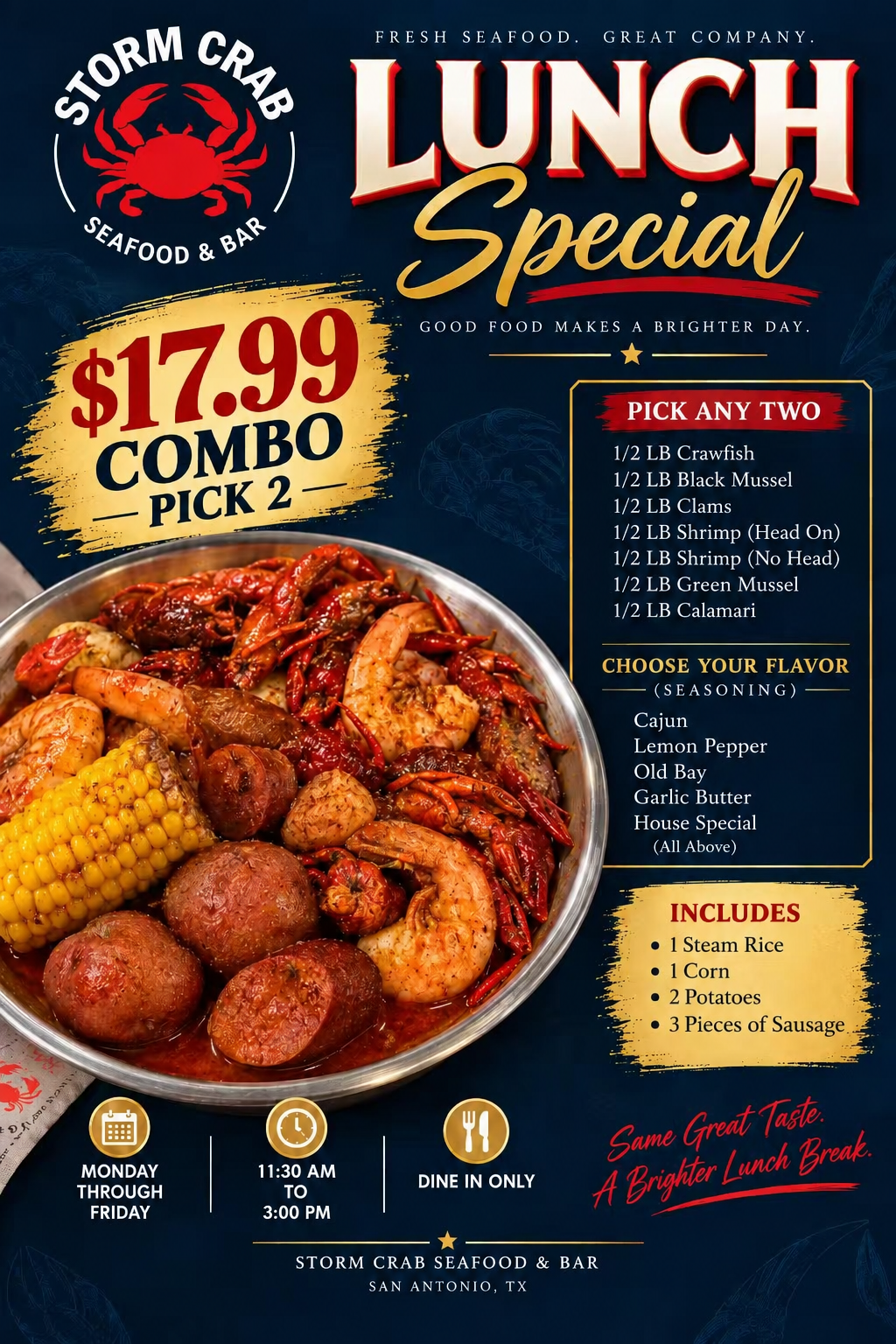 Storm Crab Seafood & Bar lunch special poster: $17.99 pick‑two seafood combo, seasoning options, sides included. Mon‑Fri 11:30AM‑3PM, dine‑in only, San Antonio TX, spicy seafood boil dish photo.