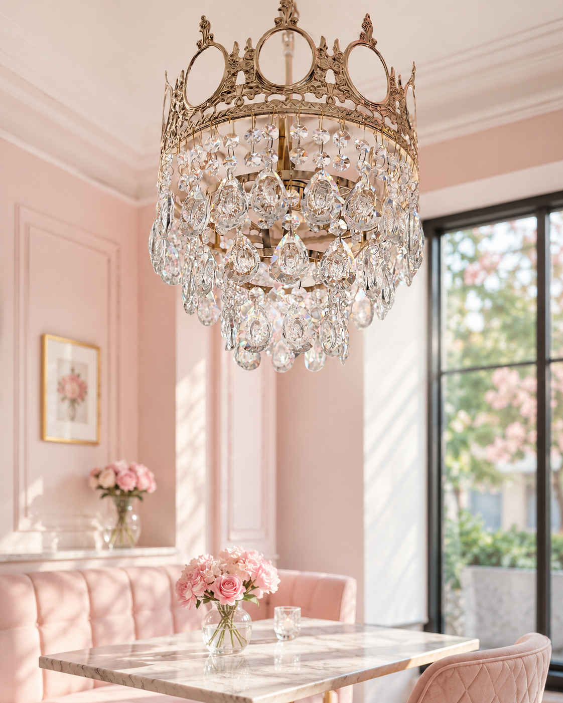 Crystal chandelier in a pink dining room at Sucré d’Amour Café & Sushi, a Sushi Restaurant in Fremont