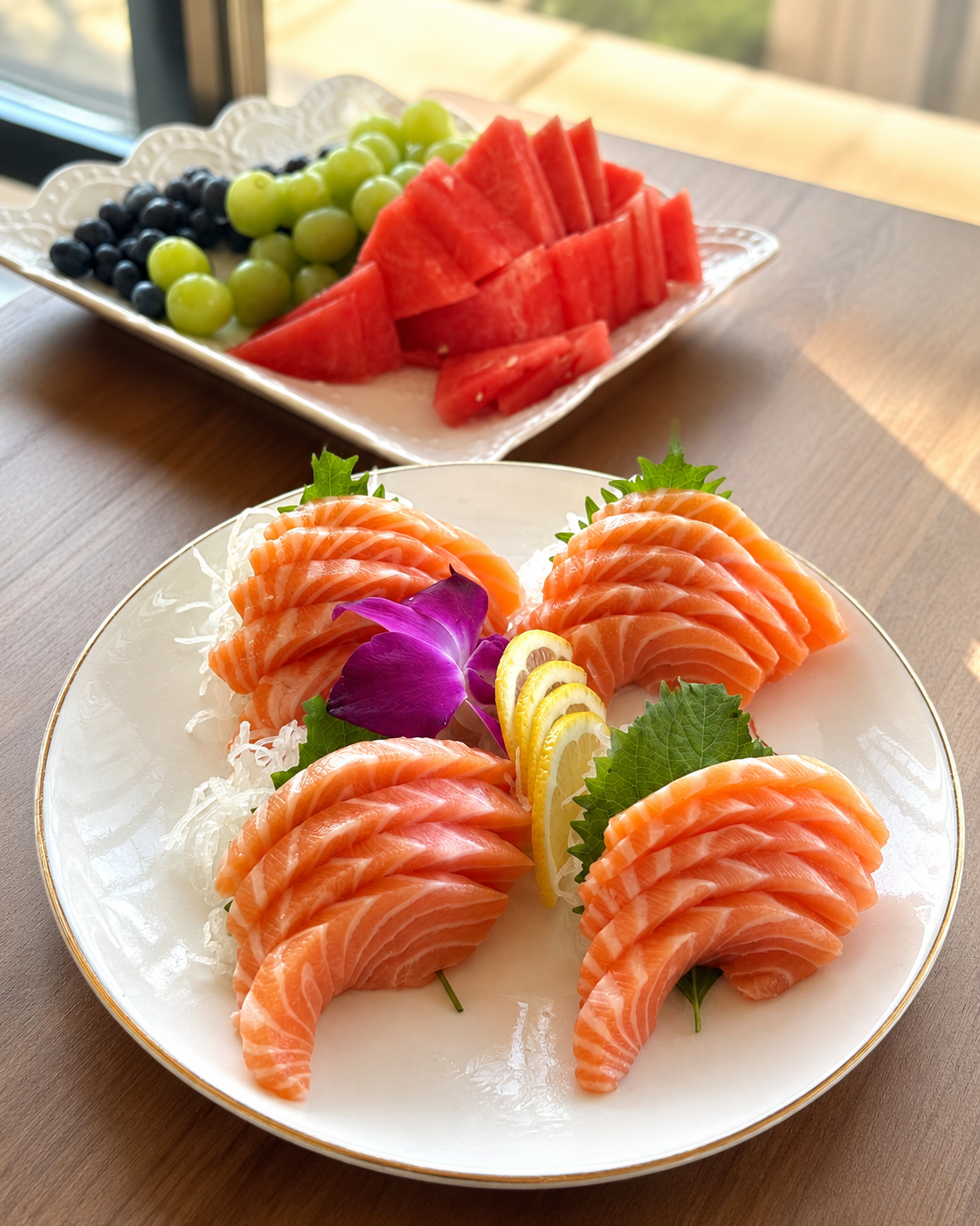 Salmon sashimi with watermelon and grapes at Sucré d’Amour Café & Sushi, a Sushi Restaurant in Fremont