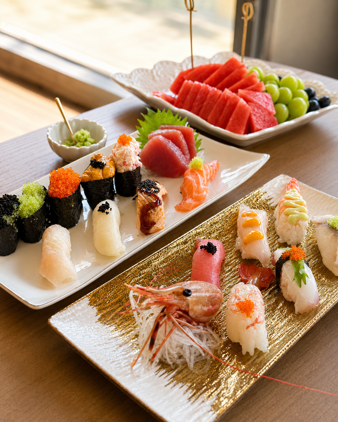 Assorted sushi nigiri sashimi and fresh fruit at Sucré d’Amour Café & Sushi, a Sushi Restaurant in Fremont