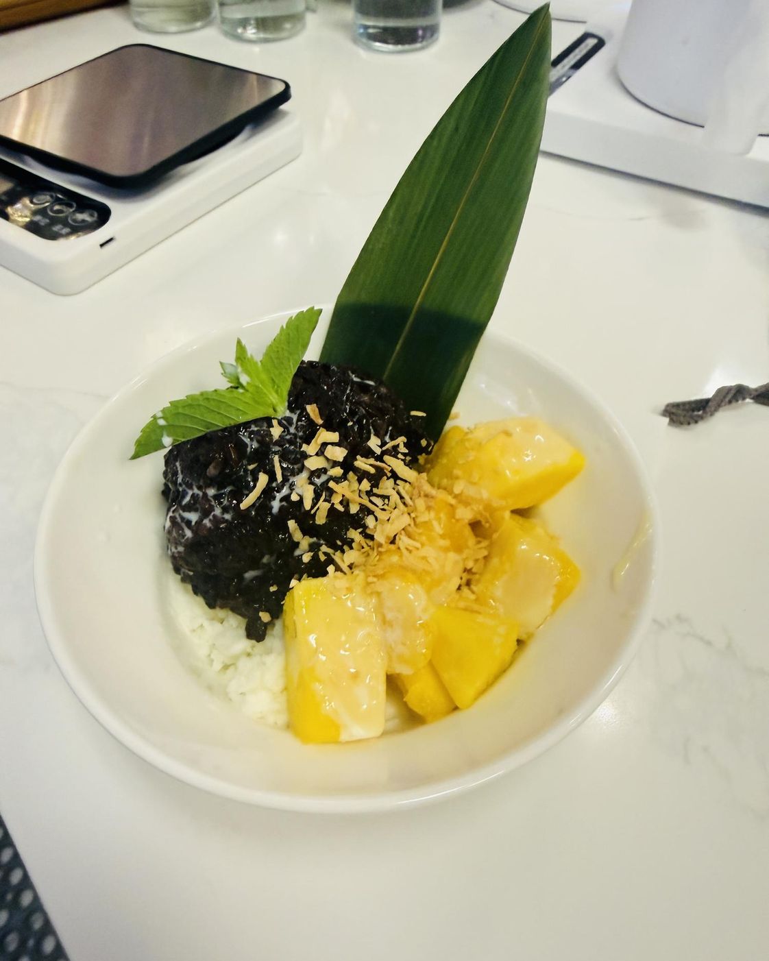 Mango sticky rice with black rice and coconut sauce in a white bowl
