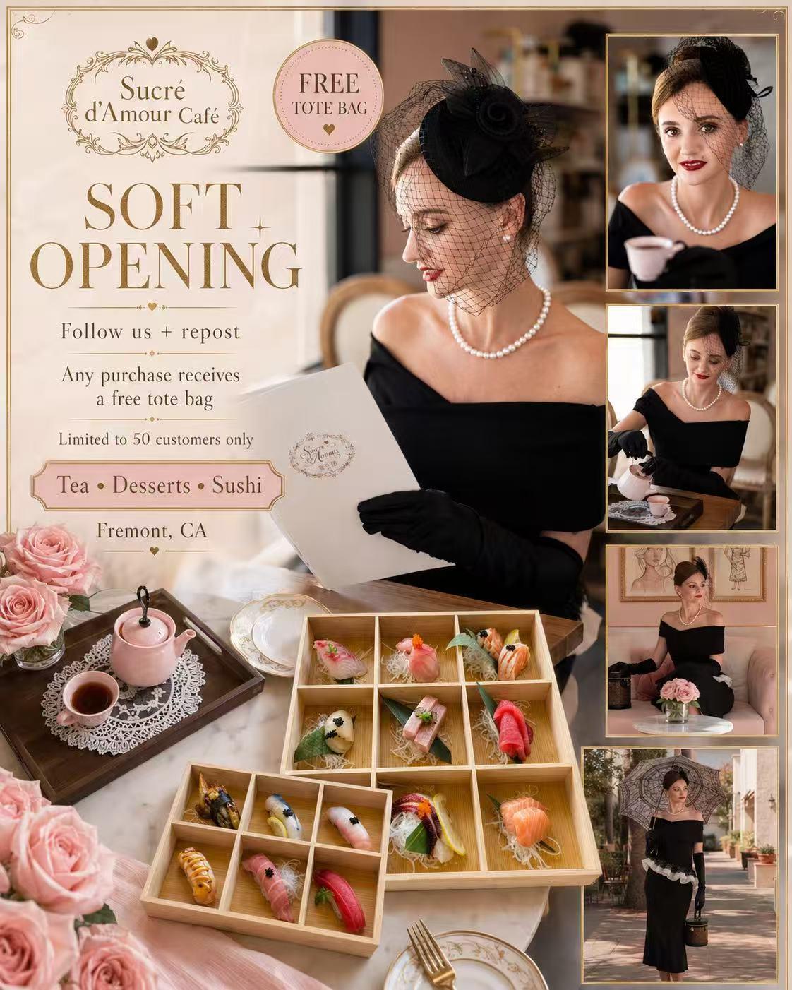 Sucré d'Amour Café soft‑opening poster featuring sushi, tea and vintage styled photos