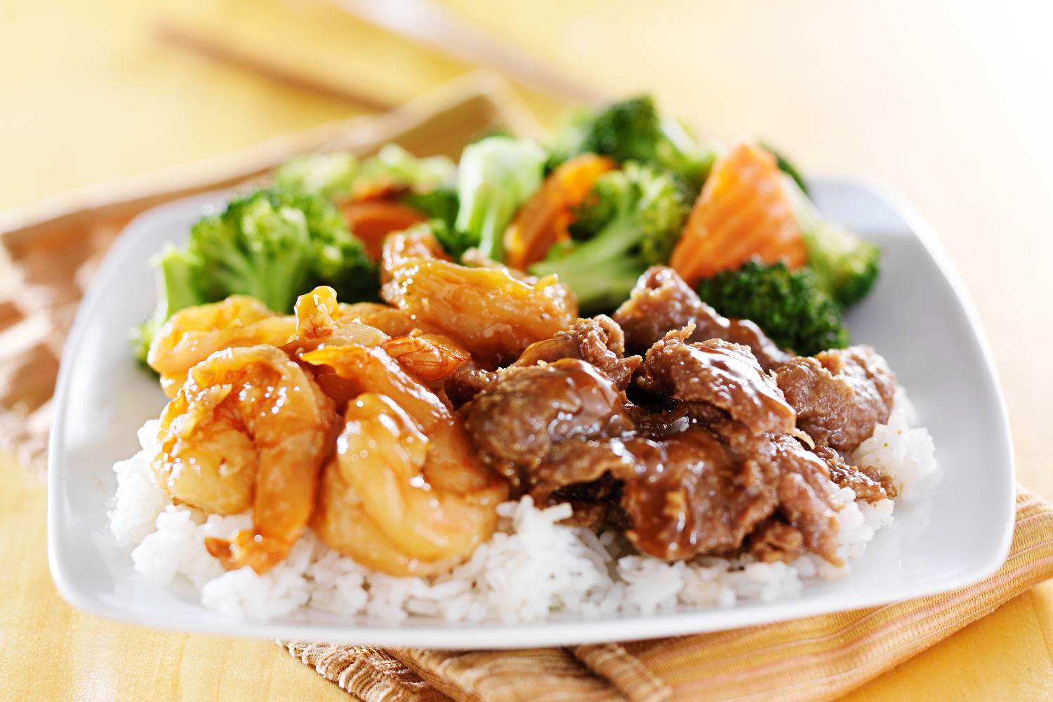 Savory shrimp and beef with mixed veggies and rice at Suki Hana Japan Restaurant in Sherman Oaks