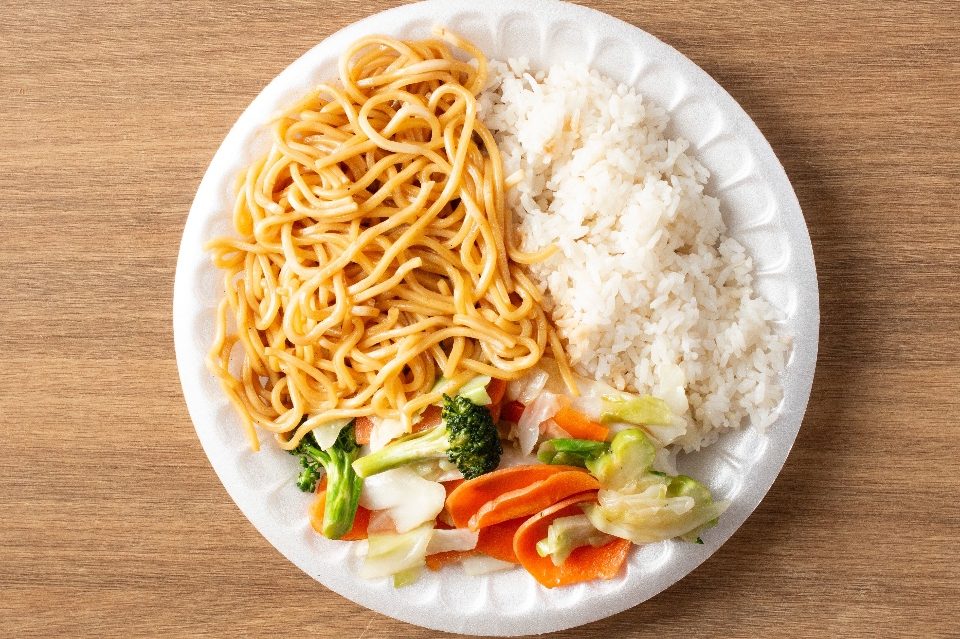 Chow mein, steamed rice and mixed veggies at Suki Hana, a Japanese Restaurant in Valencia
