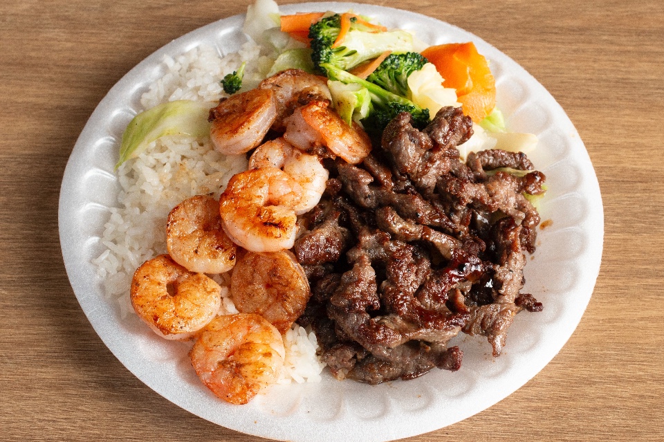 Grilled beef and shrimp teriyaki with rice and veggies at Suki Hana, a Japanese Restaurant in Valencia