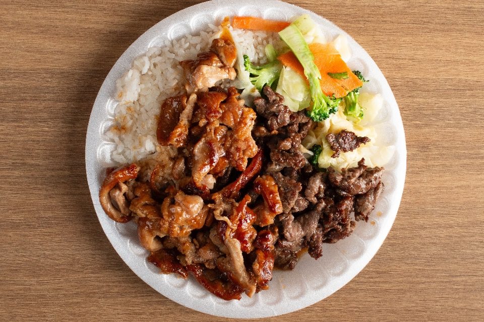 Grilled chicken and beef teriyaki with rice and mixed veggies at Suki Hana, a Japanese Restaurant in Valencia