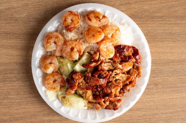 Grilled chicken and shrimp teriyaki with rice and cabbage at Suki Hana, a Japanese Restaurant in Valencia