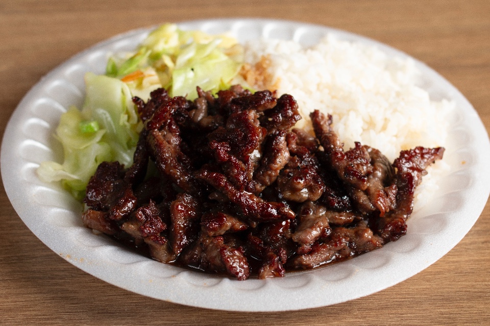 Savory beef teriyaki served with rice and cabbage at Suki Hana, a Japanese Restaurant in Valencia