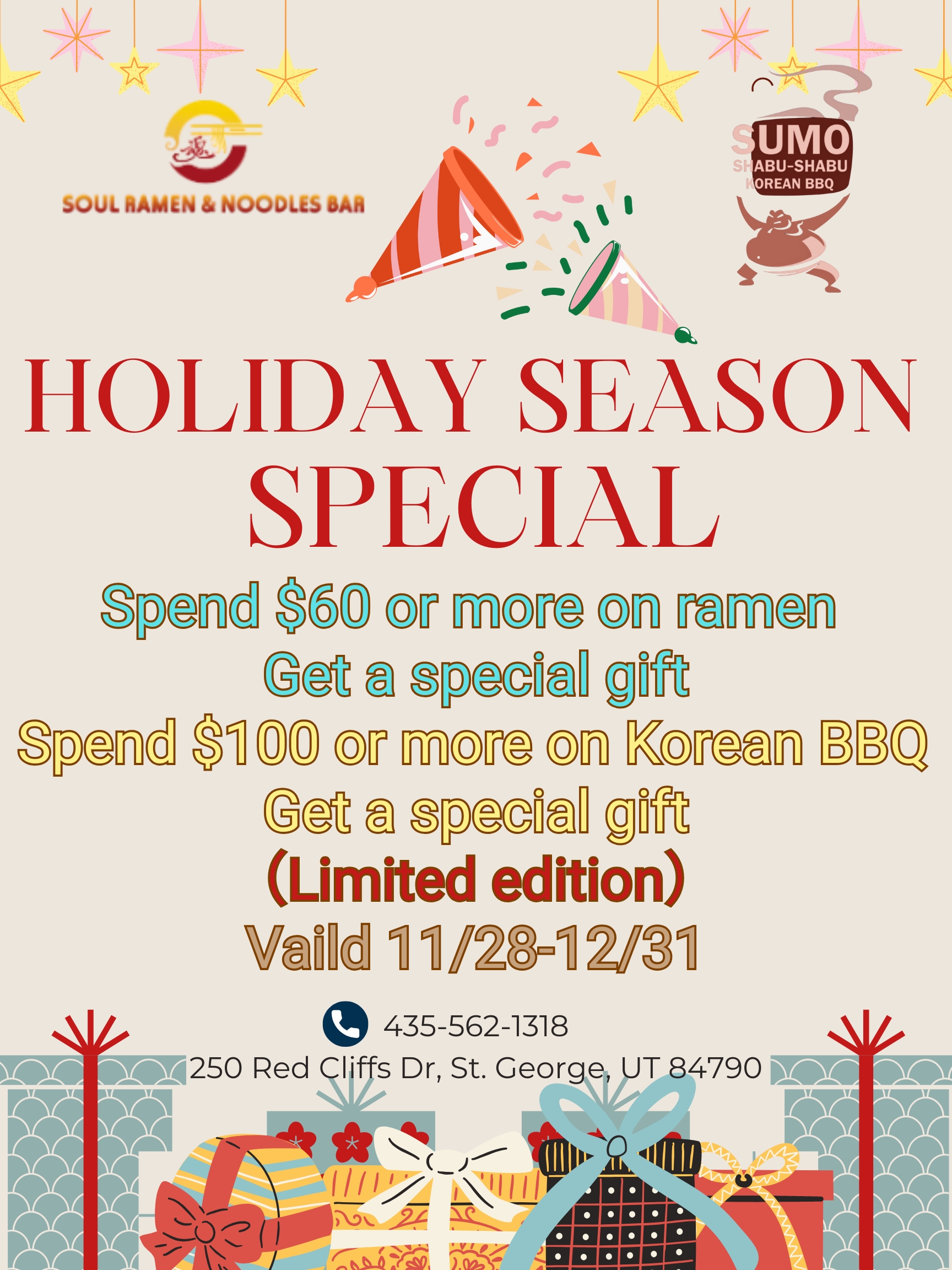 Holiday Season Special poster showing ramen and Korean BBQ gift promotion with dates 11/28–12/31 and store information.