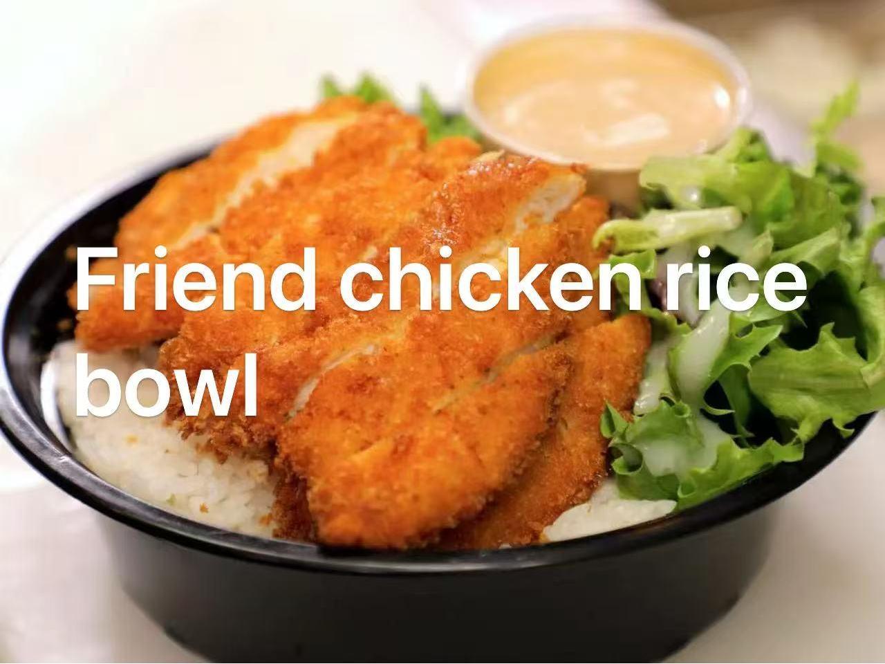 Fried Chicken Rice Bowl - Crispy fried chicken over rice with side salad and sauce at Super Bowl, a Japanese restaurant in Fort Worth