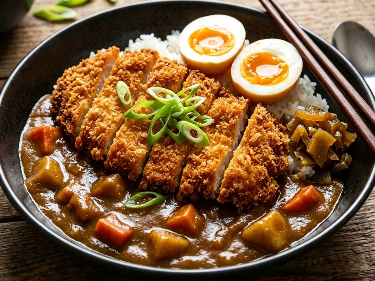 Japanese katsu curry rice with soft-boiled egg, veggies, and green onion garnish