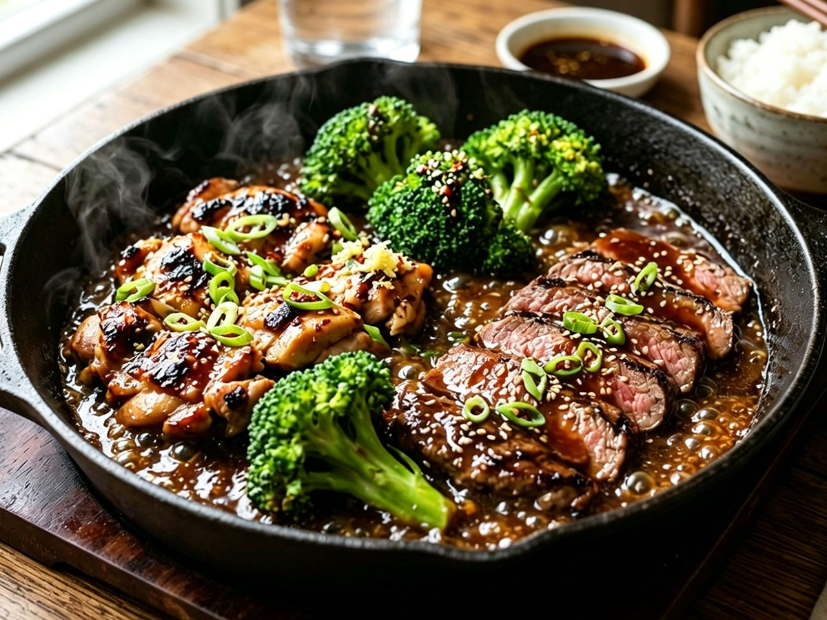 Sizzling teriyaki chicken & steak skillet with broccoli, sesame, and green onion