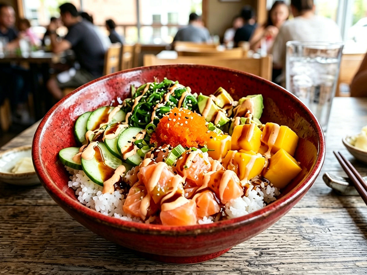 Salmon poke bowl with rice, mango, avocado, cucumber, tobiko, and spicy mayo