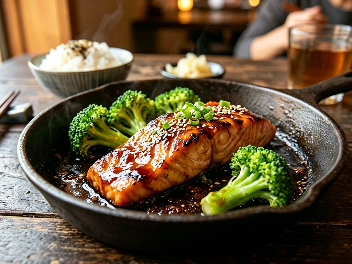 Teriyaki glazed salmon fillet in cast iron pan with broccoli, sesame, and scallions