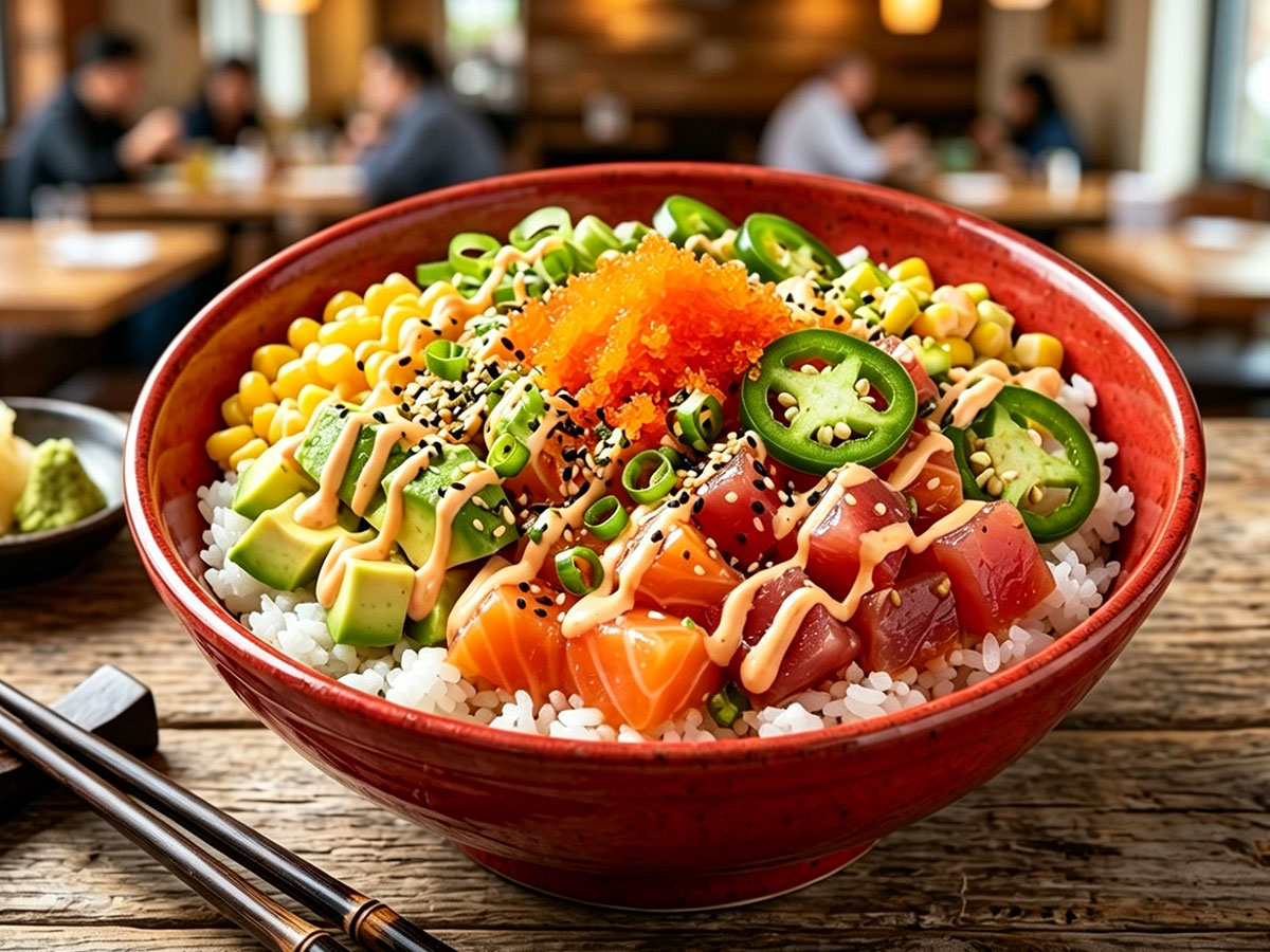 Tuna & salmon poke bowl with rice, avocado, corn, jalapeño, tobiko, and spicy mayo