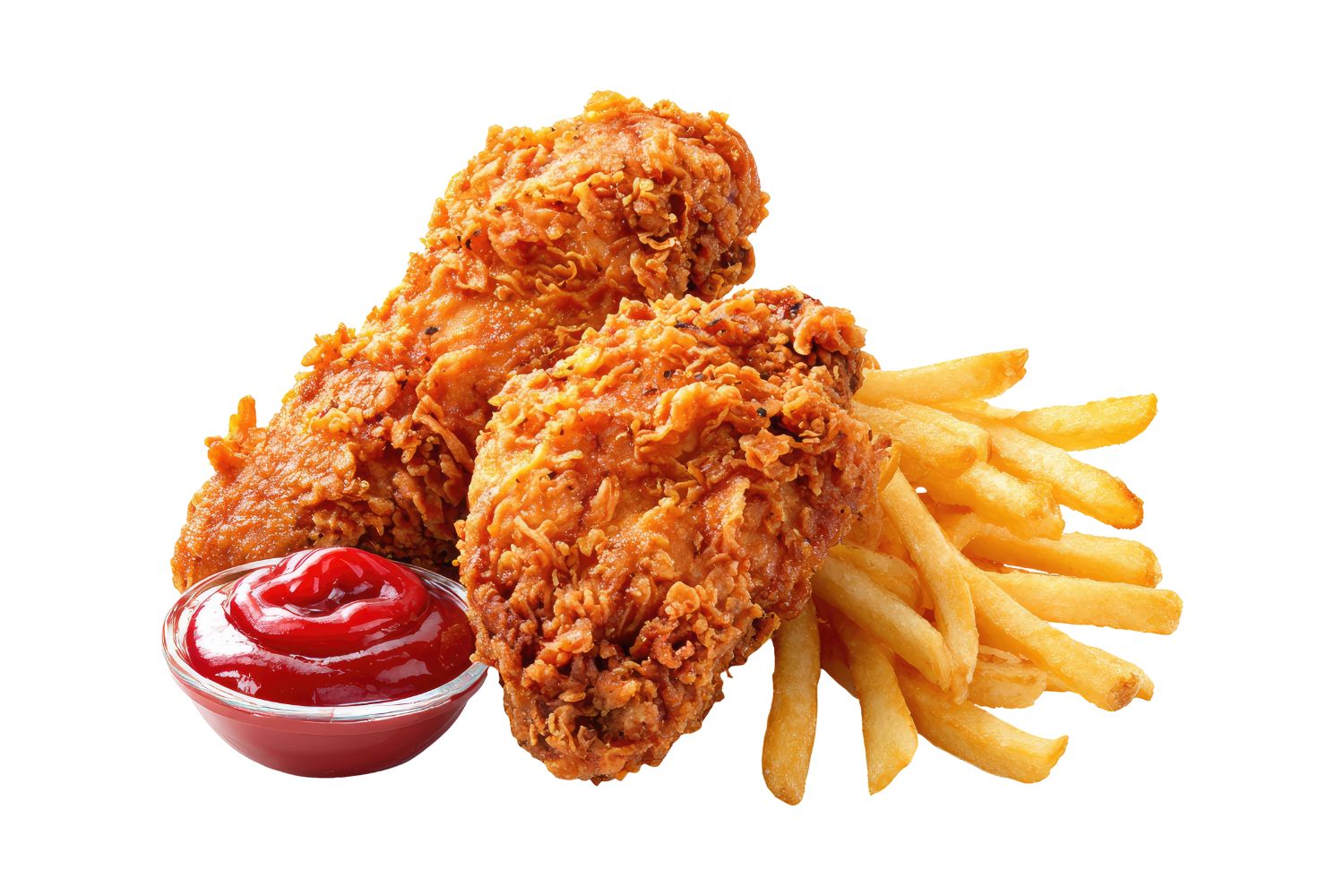 Two fried chicken pieces with fries and ketchup at Supreme Wings & More, a Fast-Food Restaurant in Columbus