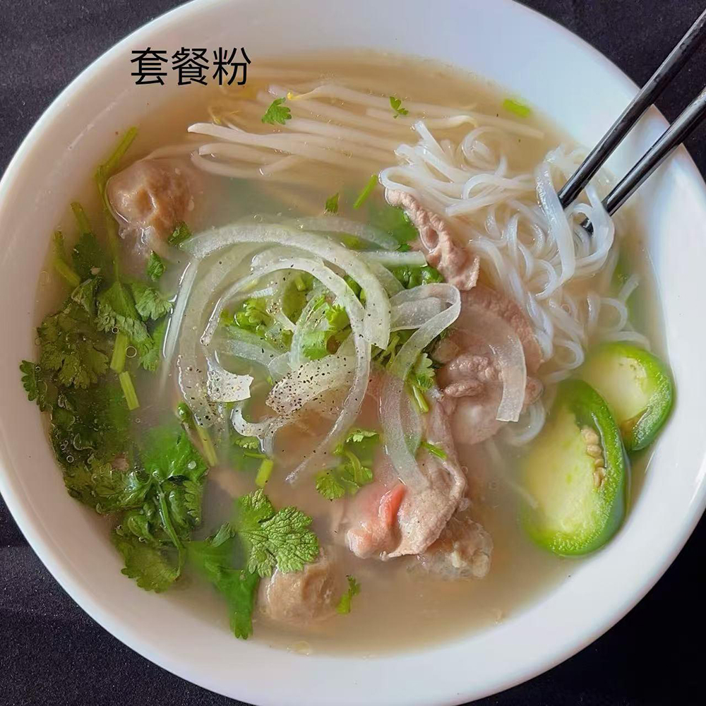 Combination beef meatball pho rice noodles jalapeno cilantro onion clear broth bowl at Su's Asian Street Kitchen, an Asian Fusion Restaurant in Westlake