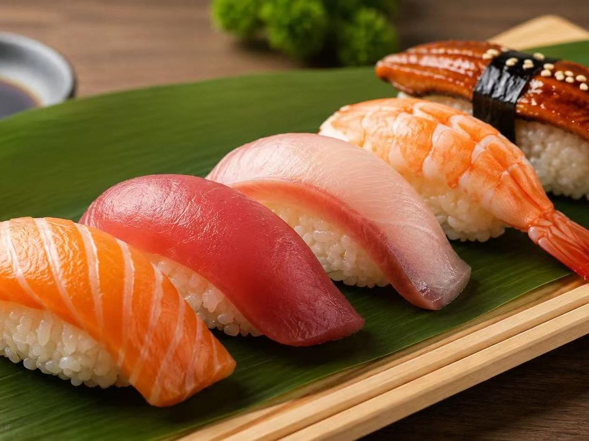 Assorted nigiri sushi with salmon, tuna, white fish, shrimp and eel on green banana leaf