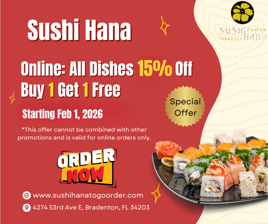 Sushi Hana promotional flyer for online orders starting February 1, 2026, featuring 15% off all dishes and a Buy 1 Get 1 Free special offer.