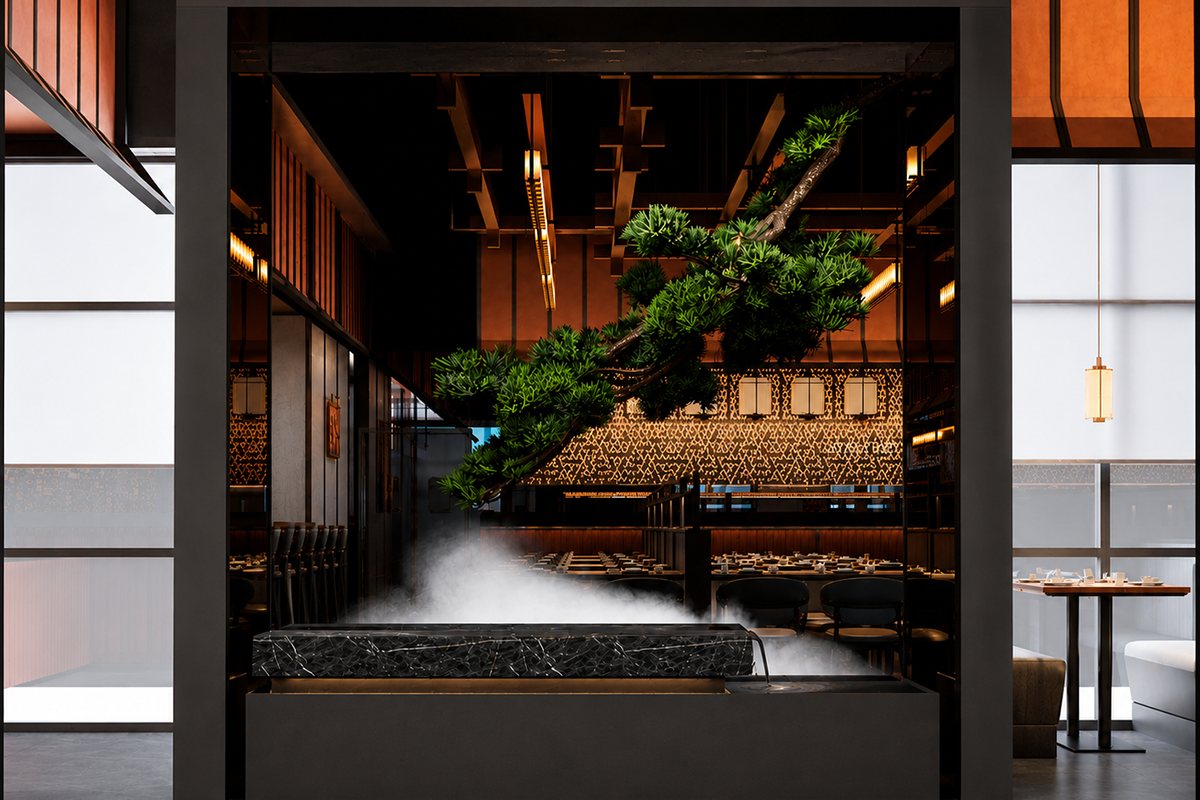 Elegant dining room with bonsai centerpiece at Sushi Haya, a Japanese Restaurant in Baytown