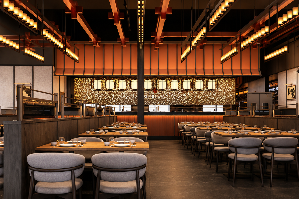 Warm Japanese dining room with open kitchen at Sushi Haya, a Japanese Restaurant in Baytown