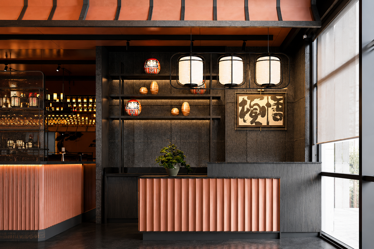 Modern sushi bar with warm lantern lighting at Sushi Haya, a Japanese Restaurant in Baytown